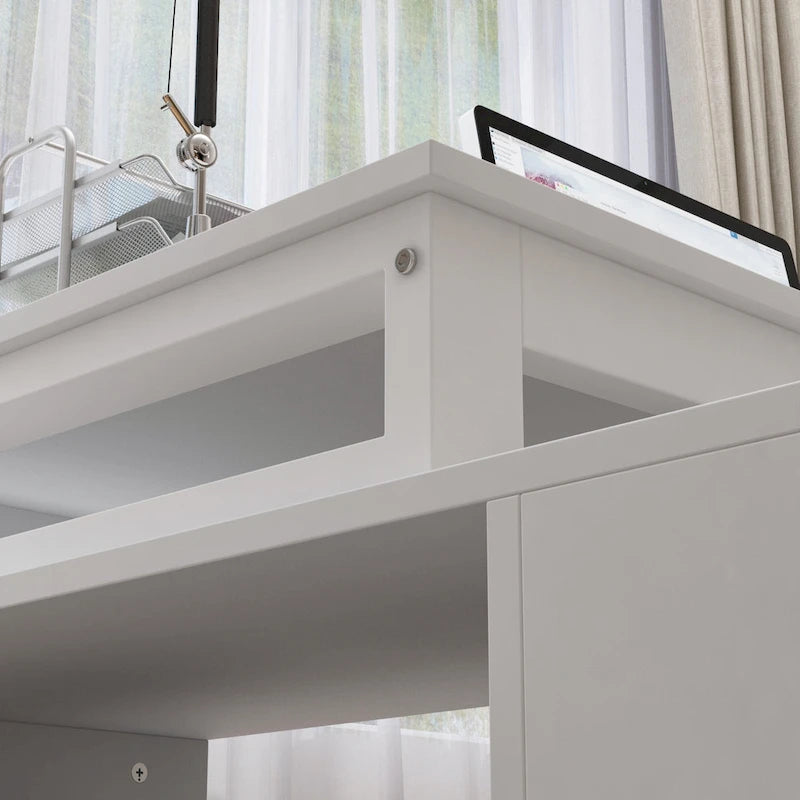 Bureau d'ordinateur en L blanc 3 tiroirs Étagère ouverte Pieds en U Bord chanfreiné MDF