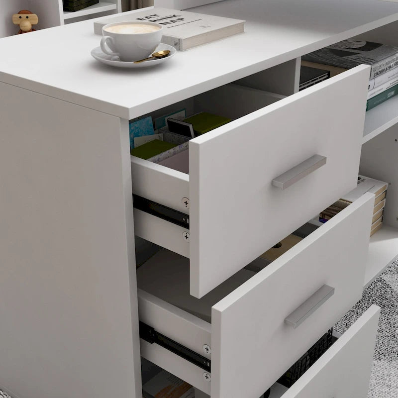 Bureau d'ordinateur en L blanc 3 tiroirs Étagère ouverte Pieds en U Bord chanfreiné MDF