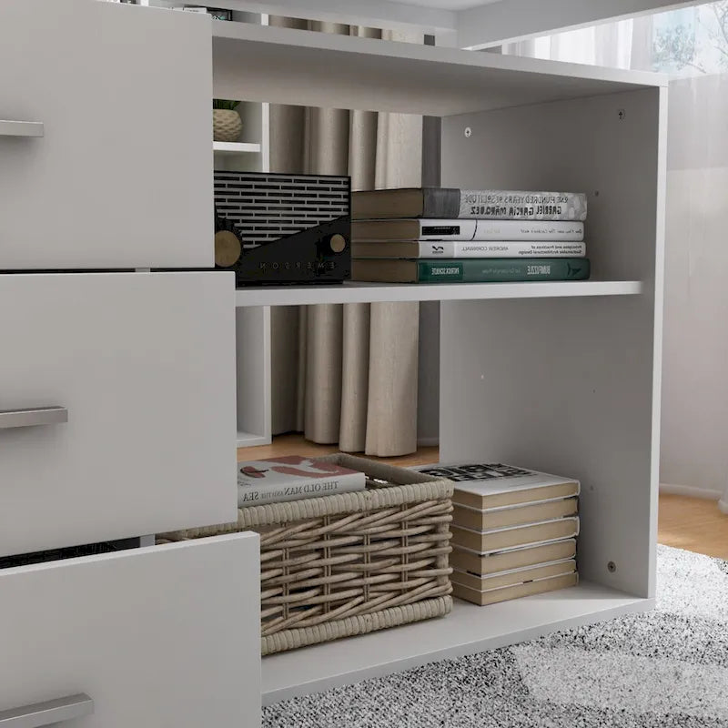 Bureau d'ordinateur en L blanc 3 tiroirs Étagère ouverte Pieds en U Bord chanfreiné MDF
