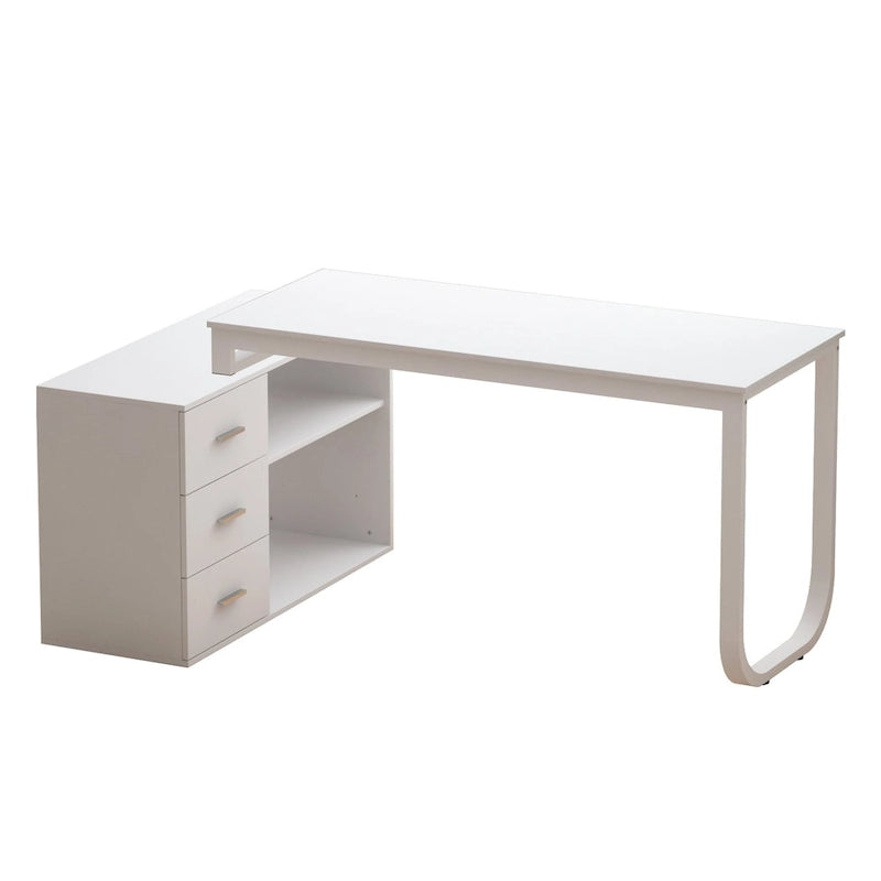 Bureau d'ordinateur en L blanc 3 tiroirs Étagère ouverte Pieds en U Bord chanfreiné MDF