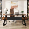 Bureau d'ordinateur de direction rustique marron de 160 cm, pieds en métal en A, étagère de rangement sous le bureau, panneau de confidentialité