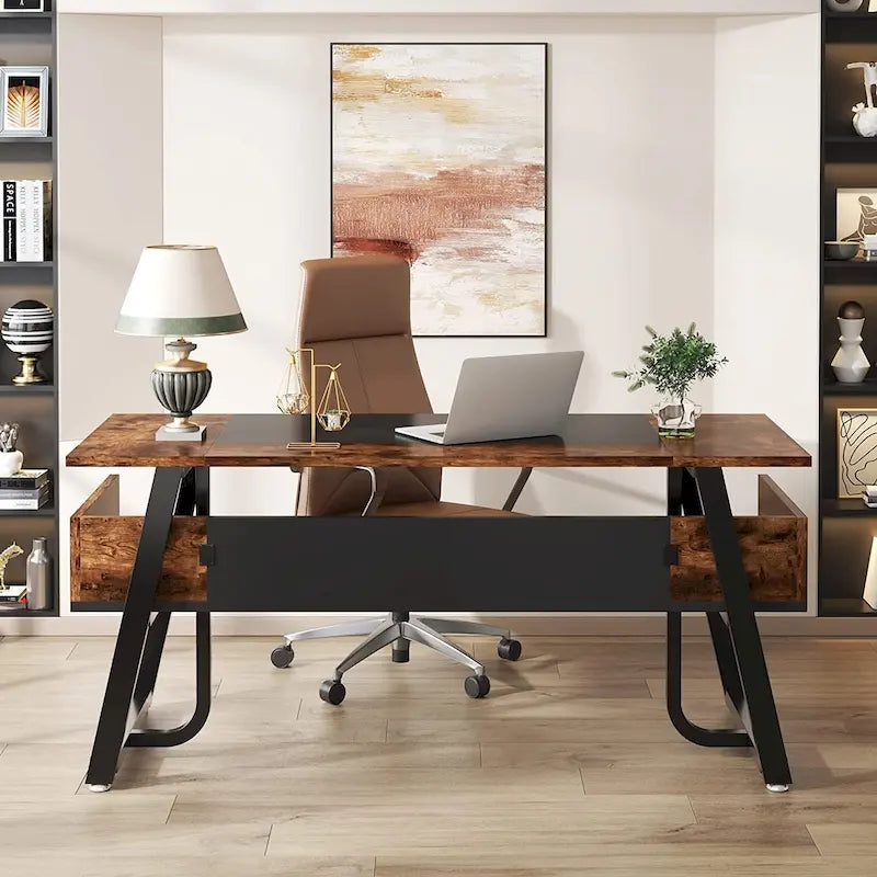 Bureau d'ordinateur de direction rustique marron de 160 cm, pieds en métal en A, étagère de rangement sous le bureau, panneau de confidentialité