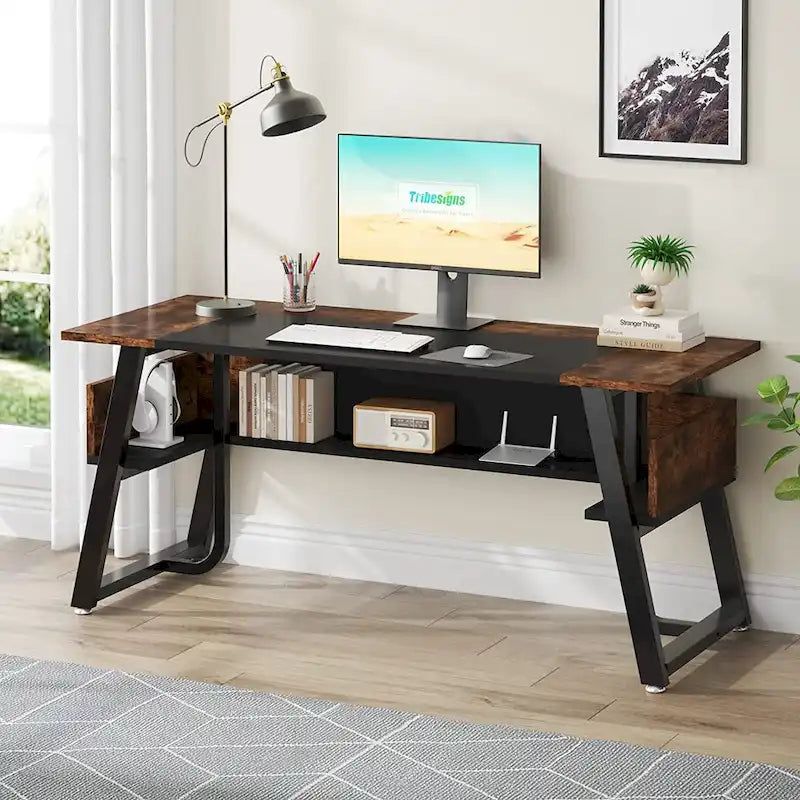 Bureau d'ordinateur de direction rustique marron de 160 cm, pieds en métal en A, étagère de rangement sous le bureau, panneau de confidentialité