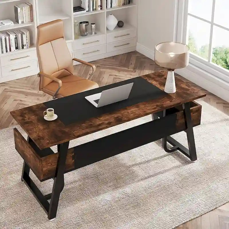 Bureau d'ordinateur de direction rustique marron de 160 cm, pieds en métal en A, étagère de rangement sous le bureau, panneau de confidentialité