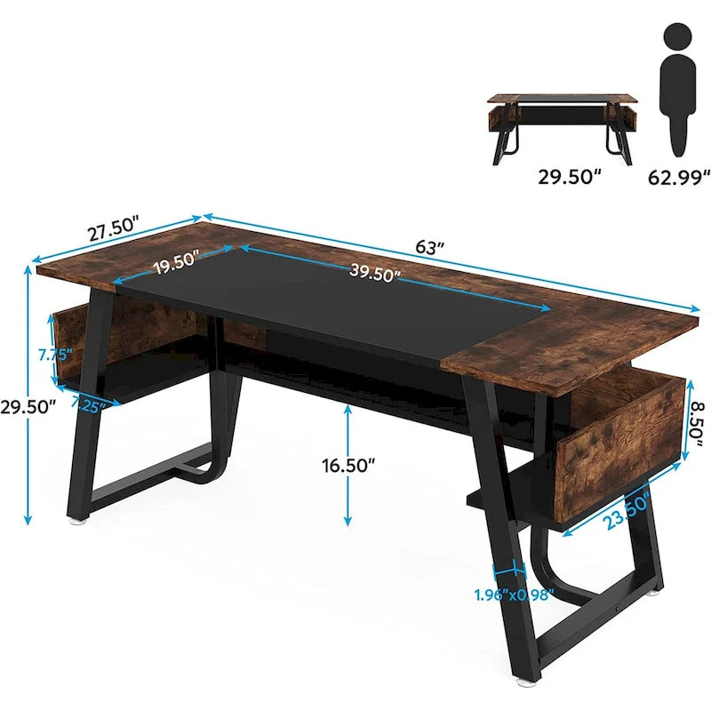 Bureau d'ordinateur de direction rustique marron de 160 cm, pieds en métal en A, étagère de rangement sous le bureau, panneau de confidentialité