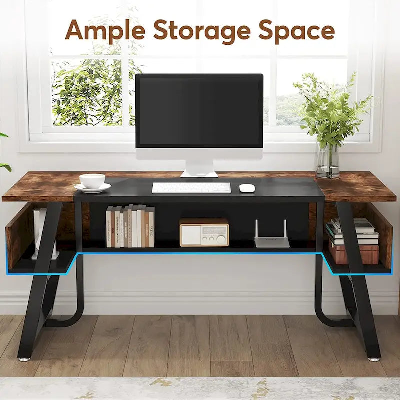 Bureau d'ordinateur de direction rustique marron de 160 cm, pieds en métal en A, étagère de rangement sous le bureau, panneau de confidentialité