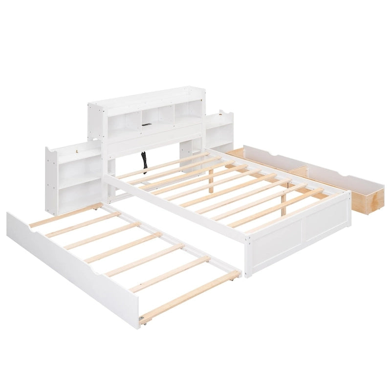 Lit plateforme pleine grandeur blanc avec rangement, tête de lit bibliothèque, chargement USB et lit gigogne double avec 2 tiroirs
