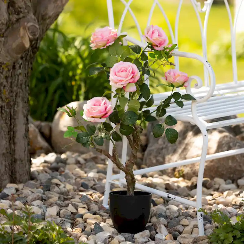 Banc de jardin en fer forgé blanc, dossier arqué, volutes, intérieur/extérieur, porche