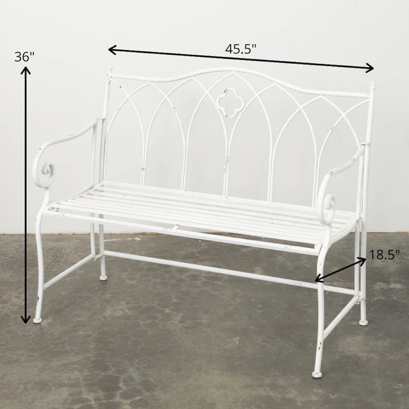 Banc de jardin en fer forgé blanc, dossier arqué, volutes, intérieur/extérieur, porche