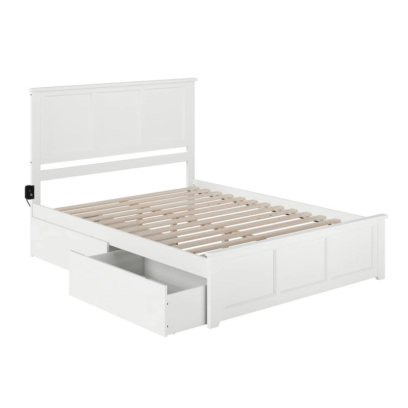 Lit plateforme Queen en bois massif avec tête et pied de lit à panneaux surélevés, 2 tiroirs sous le lit, chargement USB