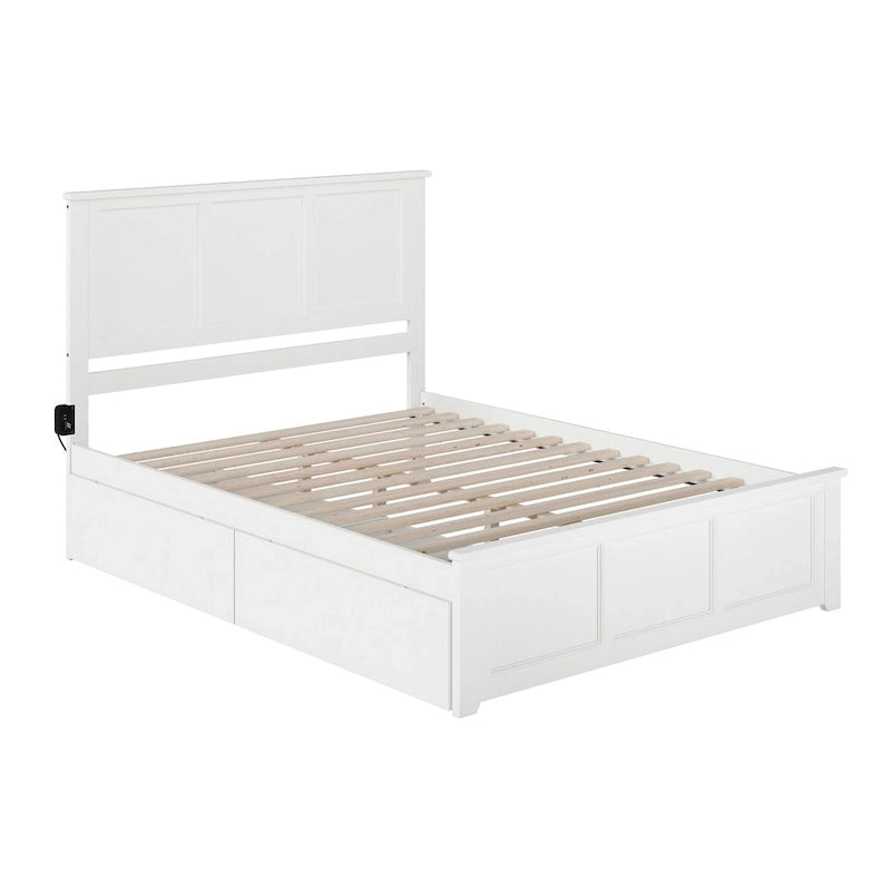 Lit plateforme Queen en bois massif avec tête et pied de lit à panneaux surélevés, 2 tiroirs sous le lit, chargement USB