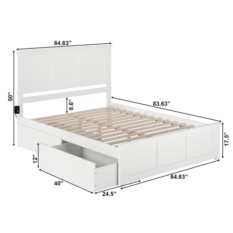 Lit plateforme Queen en bois massif avec tête et pied de lit à panneaux surélevés, 2 tiroirs sous le lit, chargement USB