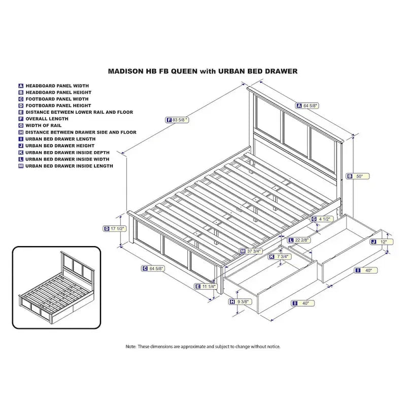 Lit plateforme Queen en bois massif avec tête et pied de lit à panneaux surélevés, 2 tiroirs sous le lit, chargement USB