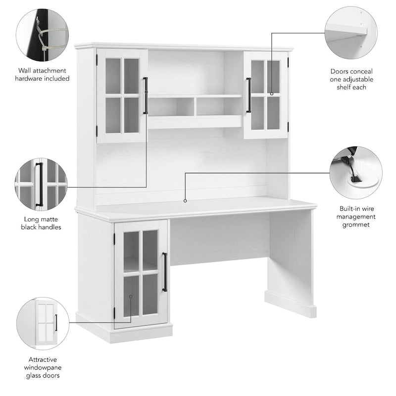 Bureau informatique en frêne blanc avec huche, armoire à porte vitrée, gestion des câbles, style ferme