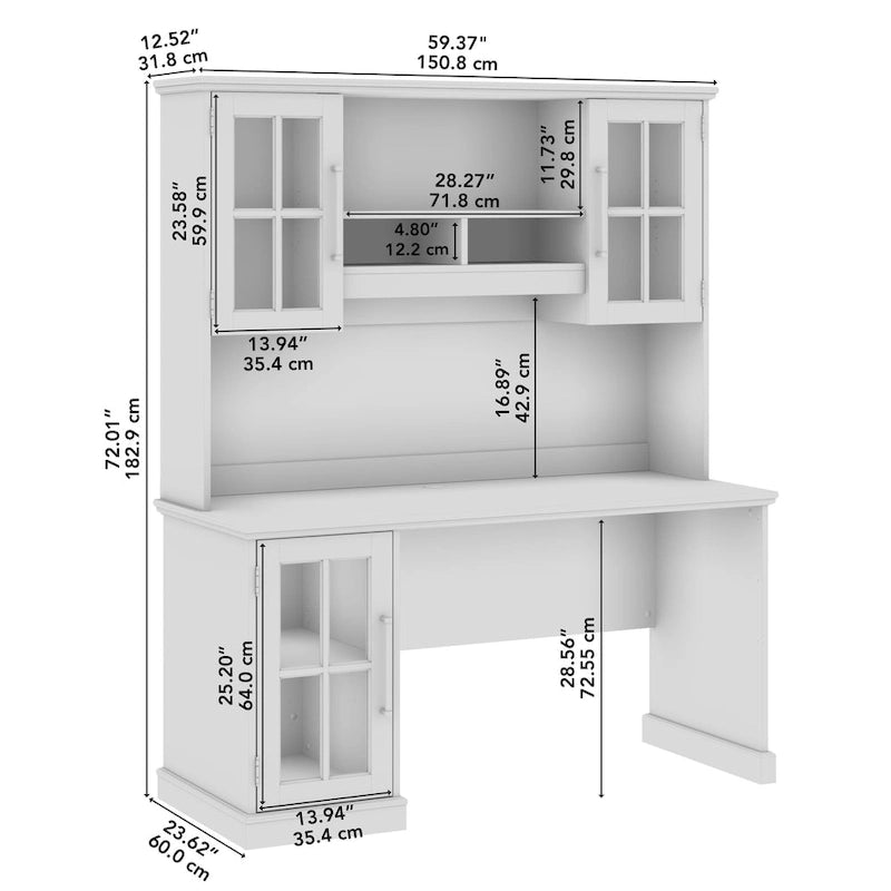 Bureau informatique en frêne blanc avec huche, armoire à porte vitrée, gestion des câbles, style ferme