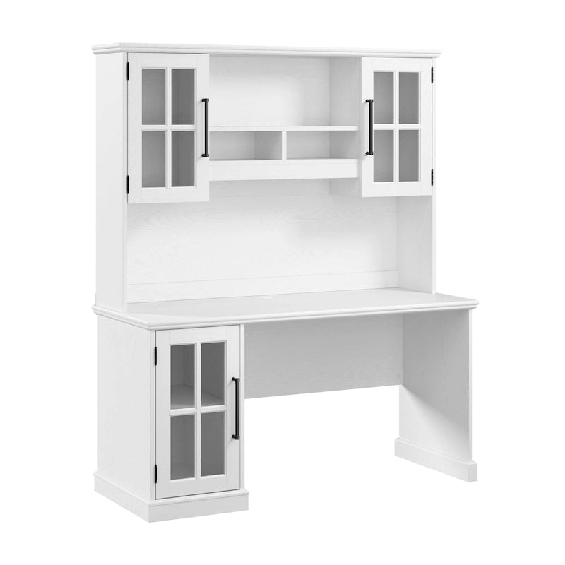 Bureau informatique en frêne blanc avec huche, armoire à porte vitrée, gestion des câbles, style ferme