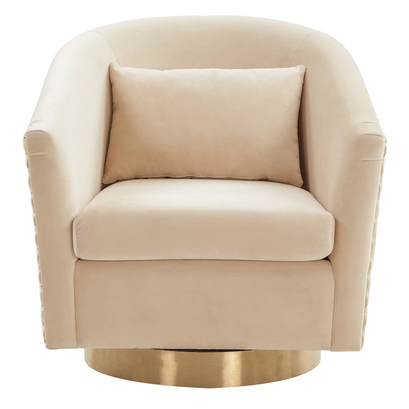 Fauteuil baignoire pivotant en velours vieux rose, capitonnage à losanges, garniture cloutée, piètement pivotant doré