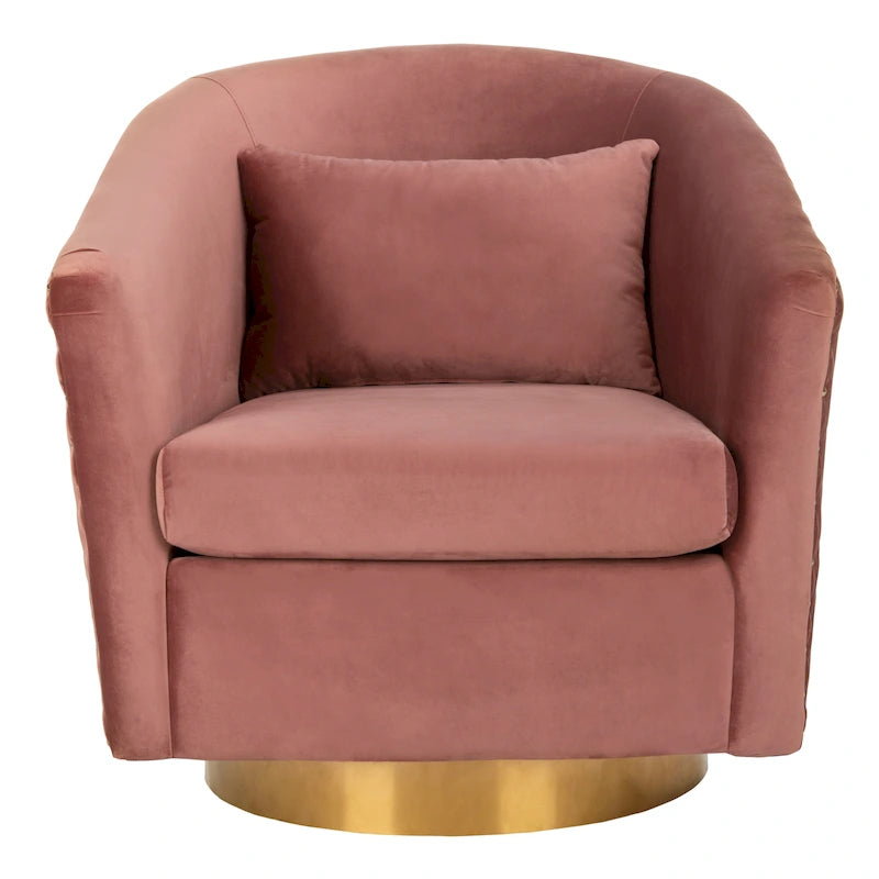 Fauteuil baignoire pivotant en velours vieux rose, capitonnage à losanges, garniture cloutée, piètement pivotant doré