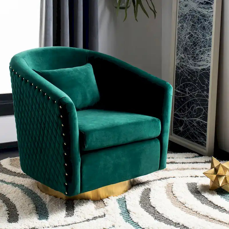 Fauteuil baignoire pivotant en velours vieux rose, capitonnage à losanges, garniture cloutée, piètement pivotant doré