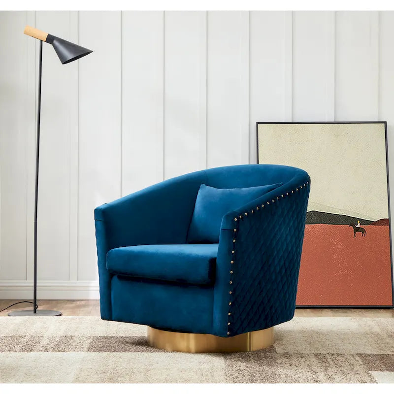 Fauteuil baignoire pivotant en velours vieux rose, capitonnage à losanges, garniture cloutée, piètement pivotant doré