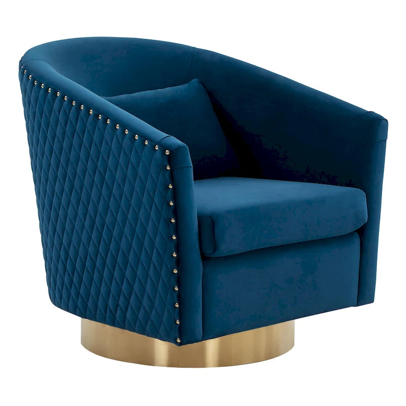 Fauteuil baignoire pivotant en velours vieux rose, capitonnage à losanges, garniture cloutée, piètement pivotant doré