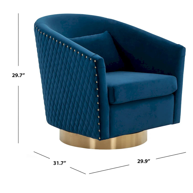 Fauteuil baignoire pivotant en velours vieux rose, capitonnage à losanges, garniture cloutée, piètement pivotant doré