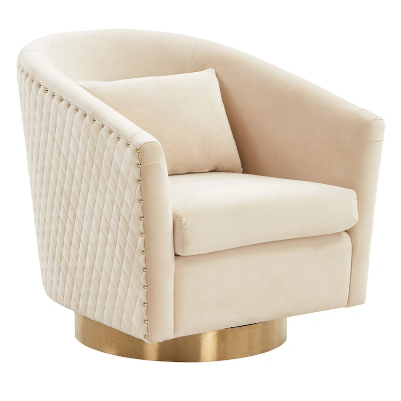 Fauteuil baignoire pivotant en velours vieux rose, capitonnage à losanges, garniture cloutée, piètement pivotant doré