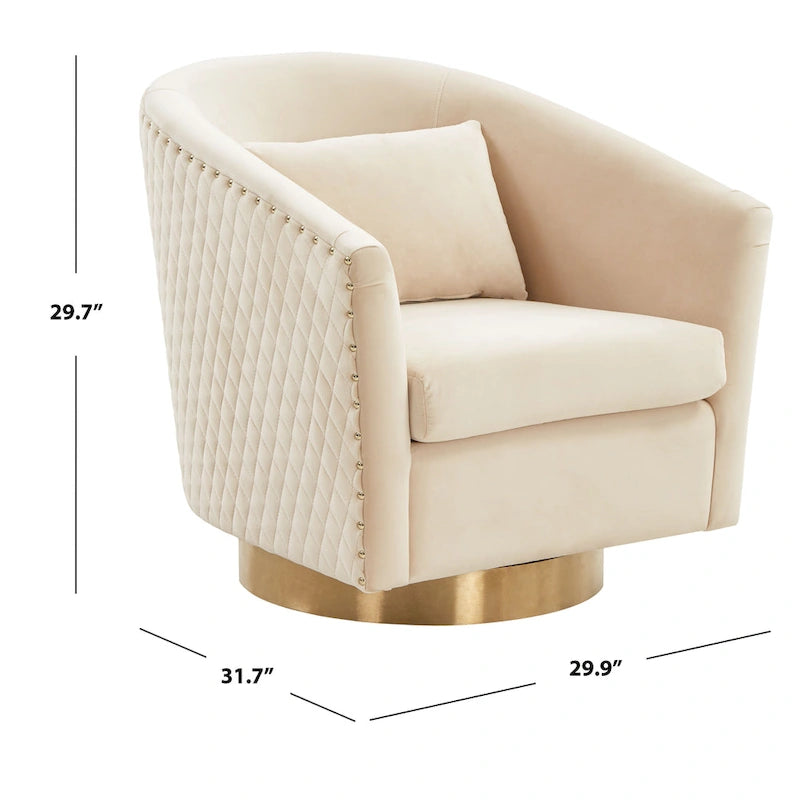 Fauteuil baignoire pivotant en velours vieux rose, capitonnage à losanges, garniture cloutée, piètement pivotant doré