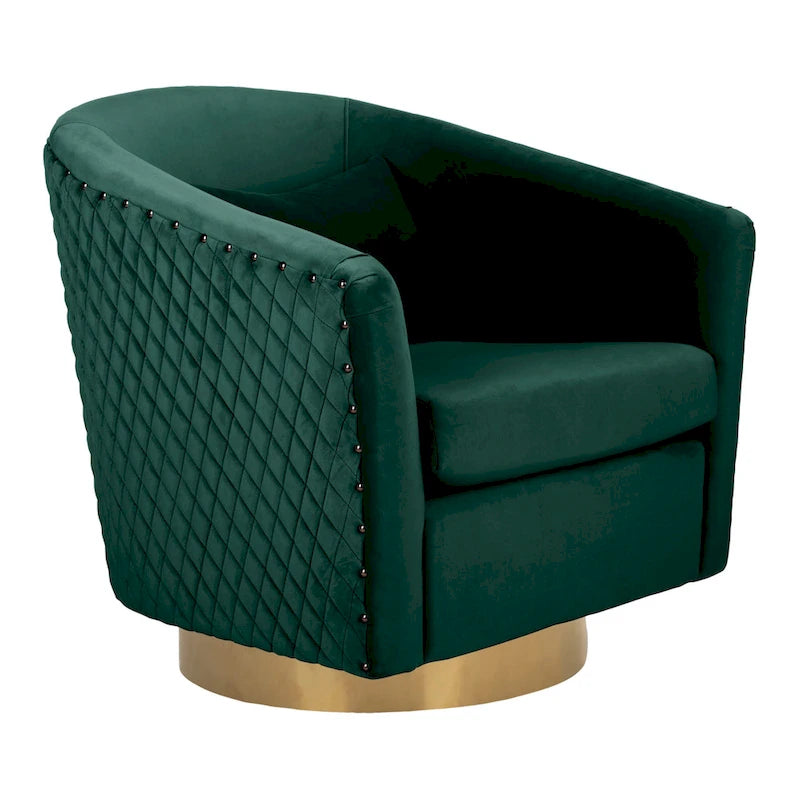 Fauteuil baignoire pivotant en velours vieux rose, capitonnage à losanges, garniture cloutée, piètement pivotant doré