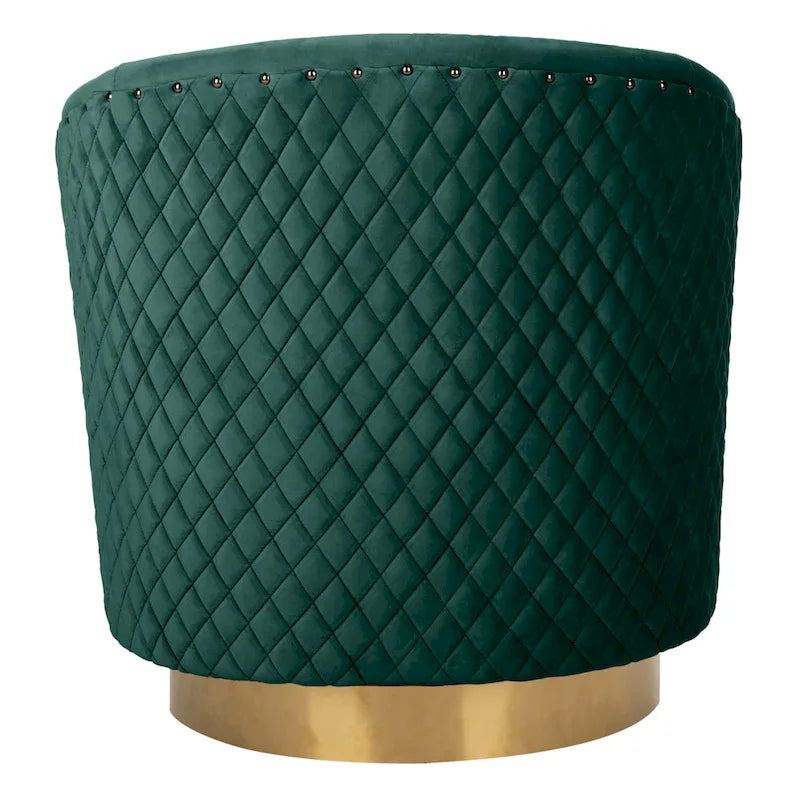 Fauteuil baignoire pivotant en velours vieux rose, capitonnage à losanges, garniture cloutée, piètement pivotant doré