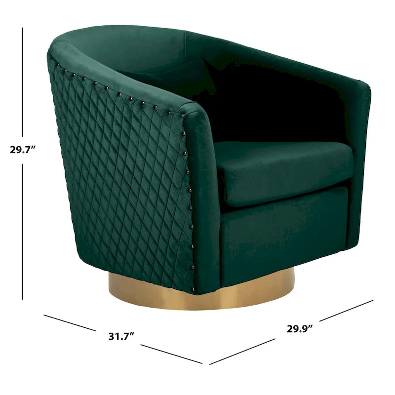 Fauteuil baignoire pivotant en velours vieux rose, capitonnage à losanges, garniture cloutée, piètement pivotant doré