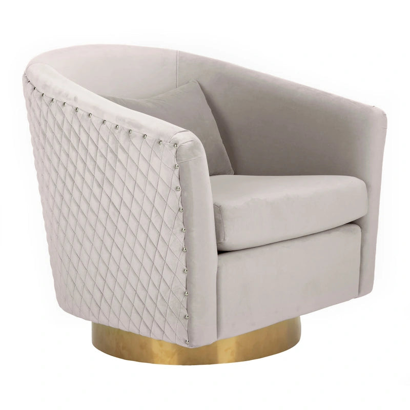 Fauteuil baignoire pivotant en velours vieux rose, capitonnage à losanges, garniture cloutée, piètement pivotant doré