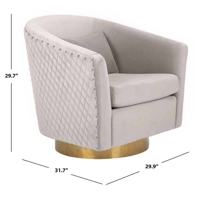 Fauteuil baignoire pivotant en velours vieux rose, capitonnage à losanges, garniture cloutée, piètement pivotant doré