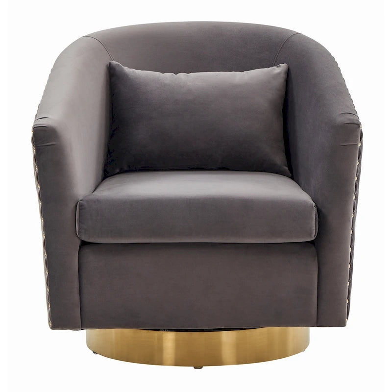 Fauteuil baignoire pivotant en velours vieux rose, capitonnage à losanges, garniture cloutée, piètement pivotant doré