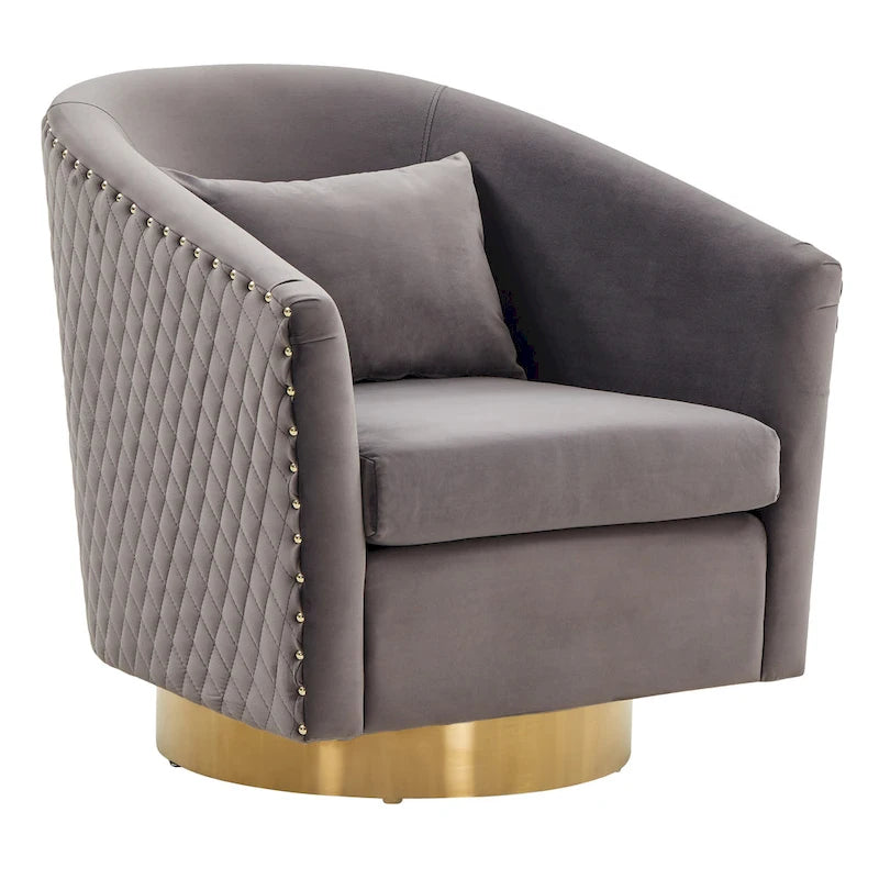 Fauteuil baignoire pivotant en velours vieux rose, capitonnage à losanges, garniture cloutée, piètement pivotant doré