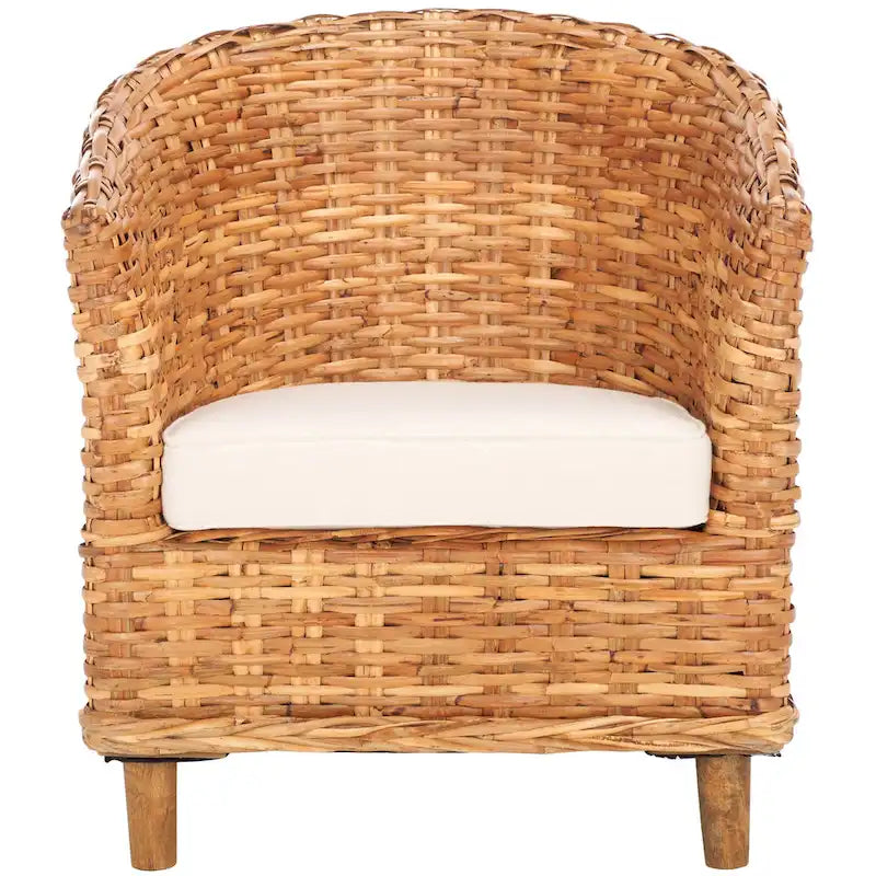 Fauteuil d'appoint en rotin tissé à la main Honey avec coussin d'assise en coton blanc et pieds en bois