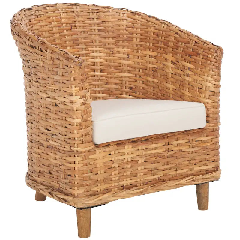 Fauteuil d'appoint en rotin tissé à la main Honey avec coussin d'assise en coton blanc et pieds en bois