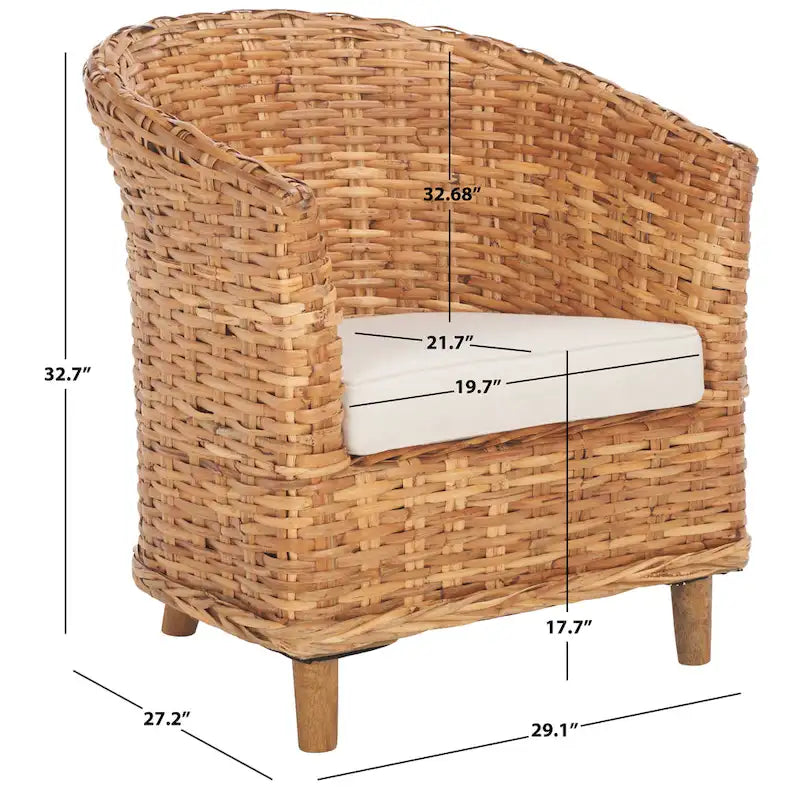 Fauteuil d'appoint en rotin tissé à la main Honey avec coussin d'assise en coton blanc et pieds en bois