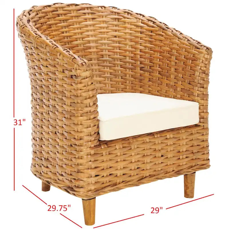 Fauteuil d'appoint en rotin tissé à la main Honey avec coussin d'assise en coton blanc et pieds en bois