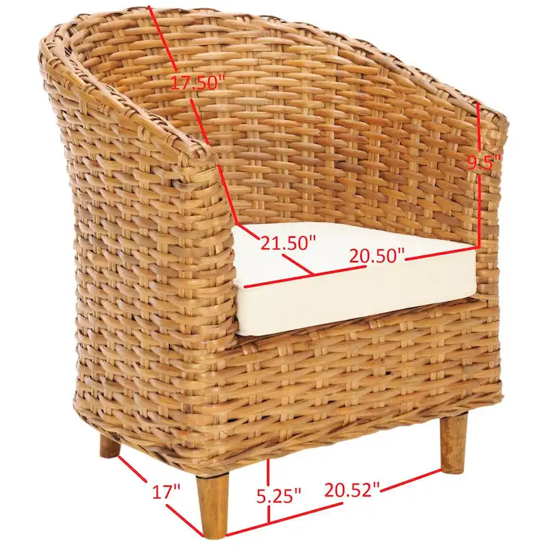 Fauteuil d'appoint en rotin tissé à la main Honey avec coussin d'assise en coton blanc et pieds en bois