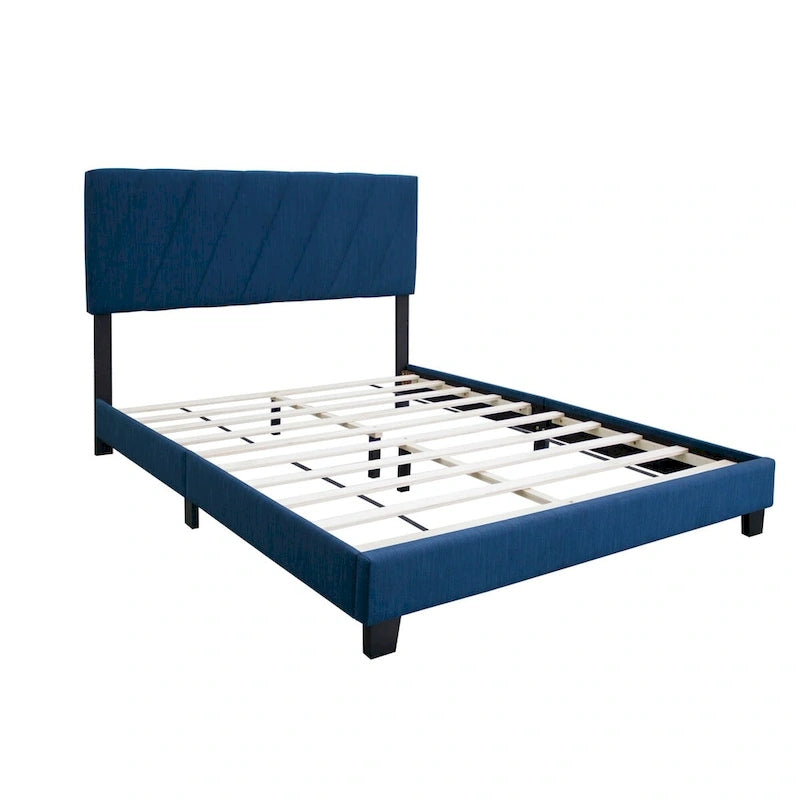 Lit plateforme capitonné Queen bleu, avec tête de lit réglable à cannelures, cadre en métal, lin
