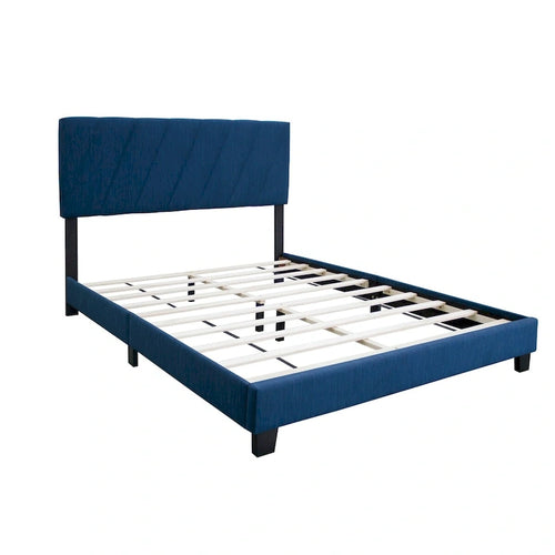Lit plateforme capitonné Queen bleu, avec tête de lit réglable à cannelures, cadre en métal, lin