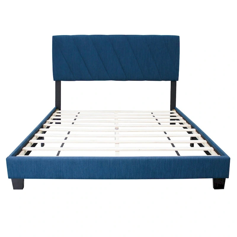 Lit plateforme capitonné Queen bleu, avec tête de lit réglable à cannelures, cadre en métal, lin