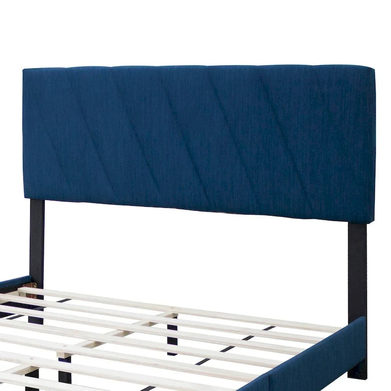 Lit plateforme capitonné Queen bleu, avec tête de lit réglable à cannelures, cadre en métal, lin