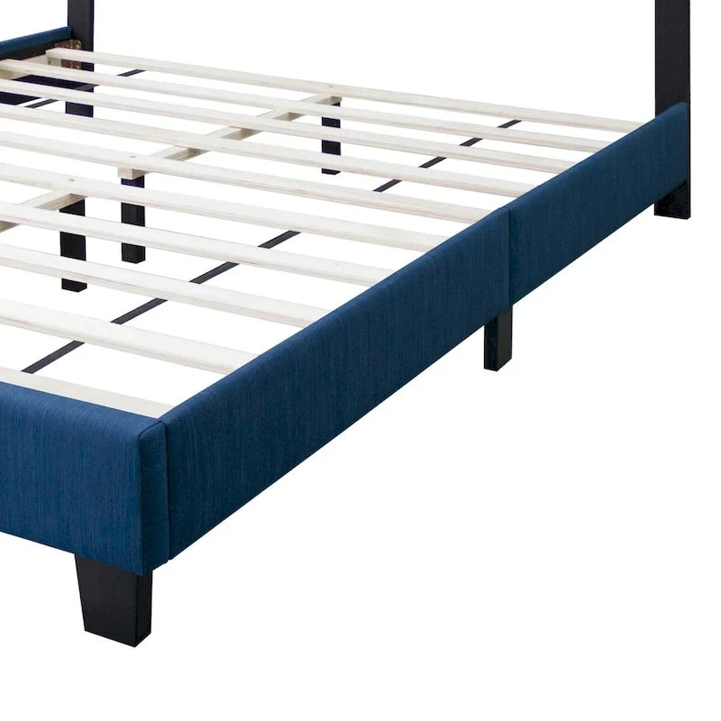 Lit plateforme capitonné Queen bleu, avec tête de lit réglable à cannelures, cadre en métal, lin