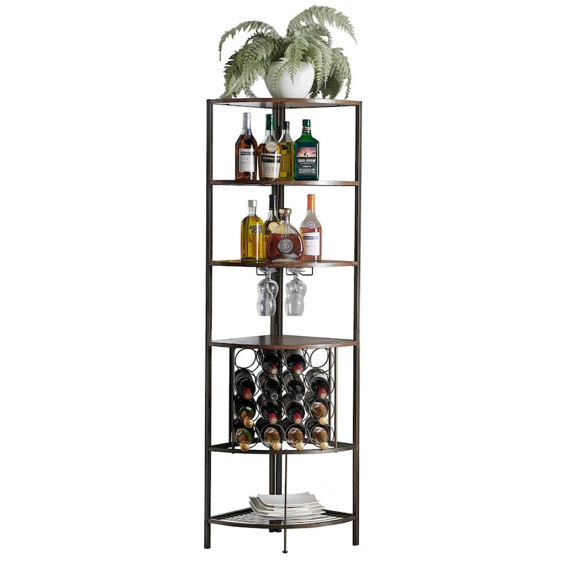 Étagère à vin d'angle marron avec tablettes en bois, support à verres et rangement pour bouteilles