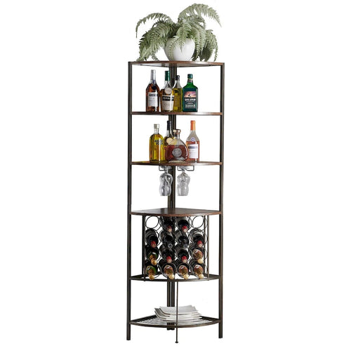 Étagère à vin d'angle marron avec tablettes en bois, support à verres et rangement pour bouteilles