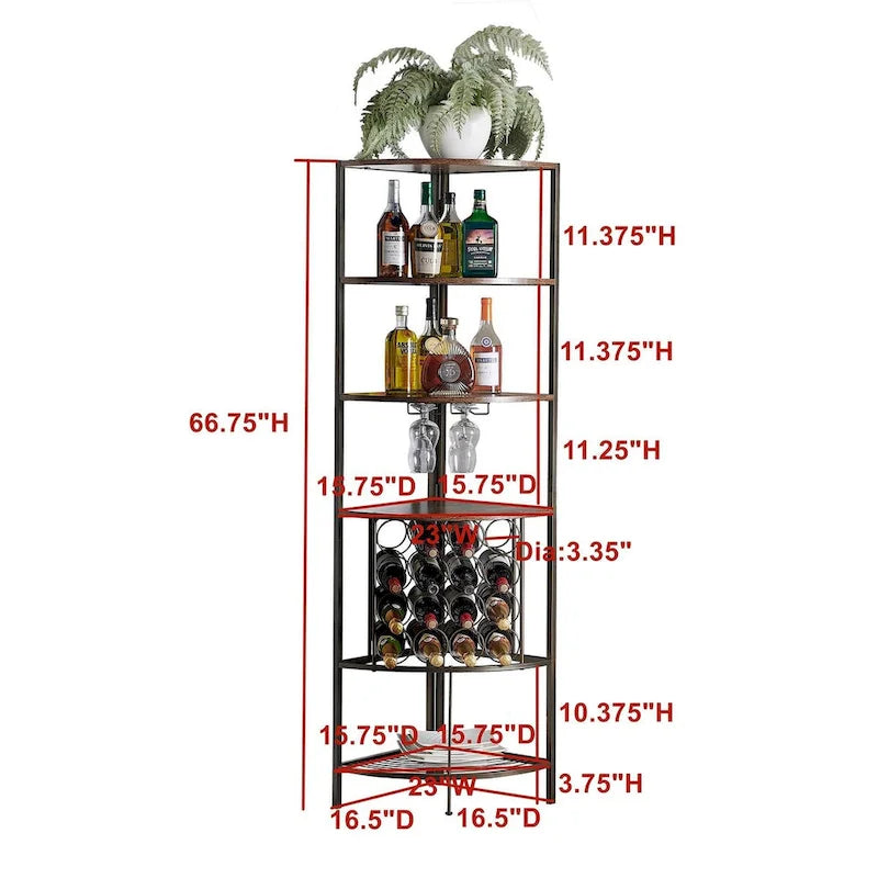 Étagère à vin d'angle marron avec tablettes en bois, support à verres et rangement pour bouteilles