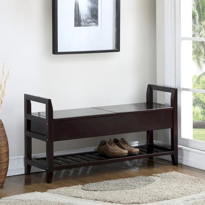 Banc de rangement d'entrée en bois expresso 2 sièges coussinés relevables Rangement caché Étagère à chaussures à lattes