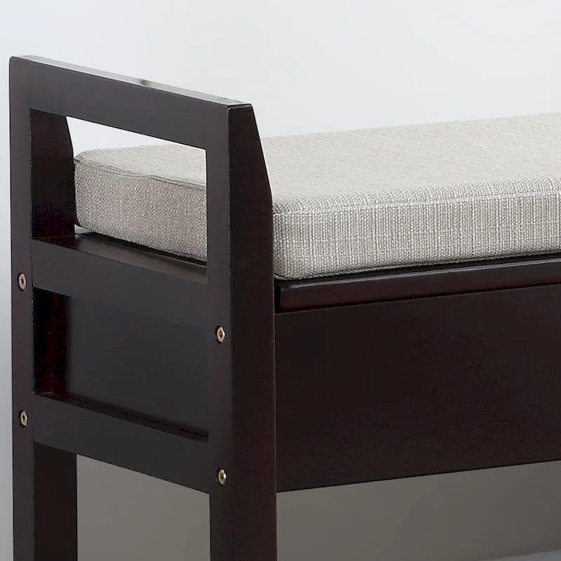 Banc de rangement d'entrée en bois expresso 2 sièges coussinés relevables Rangement caché Étagère à chaussures à lattes